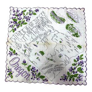 Vintage Oregon State Souvenir Handkerchief Map Landmarks Purple Green READ